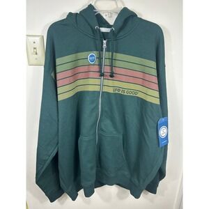 NEW Life Is Good Three Striped Block Good Vibes Fleece Zip Hoodie Men's XL Green